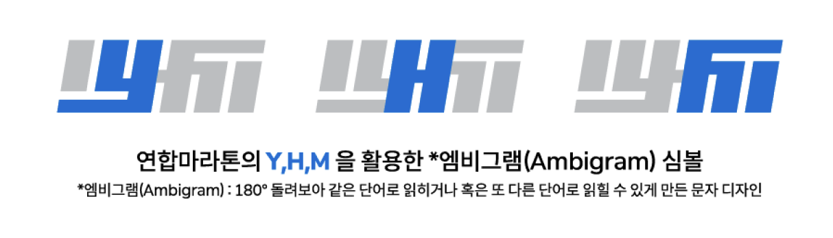 연합마라톤의 Y,H,M을 활용한 엠비그램(Ambigram) 심볼. 엠비그램이란 180° 돌려보아 같은 단어로 읽히거나 혹은 또 다른 단어로 읽힐 수 있게 만든 문자 디자인